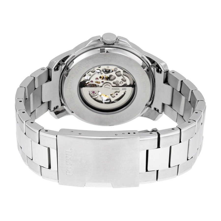 Fossil Grant ME3103 caseback showing transparent exhibition back with visible automatic movement