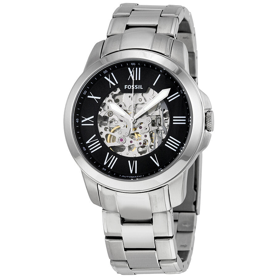 Fossil Grant automatic watch with black skeleton dial, Roman numeral markers, and stainless steel bracelet