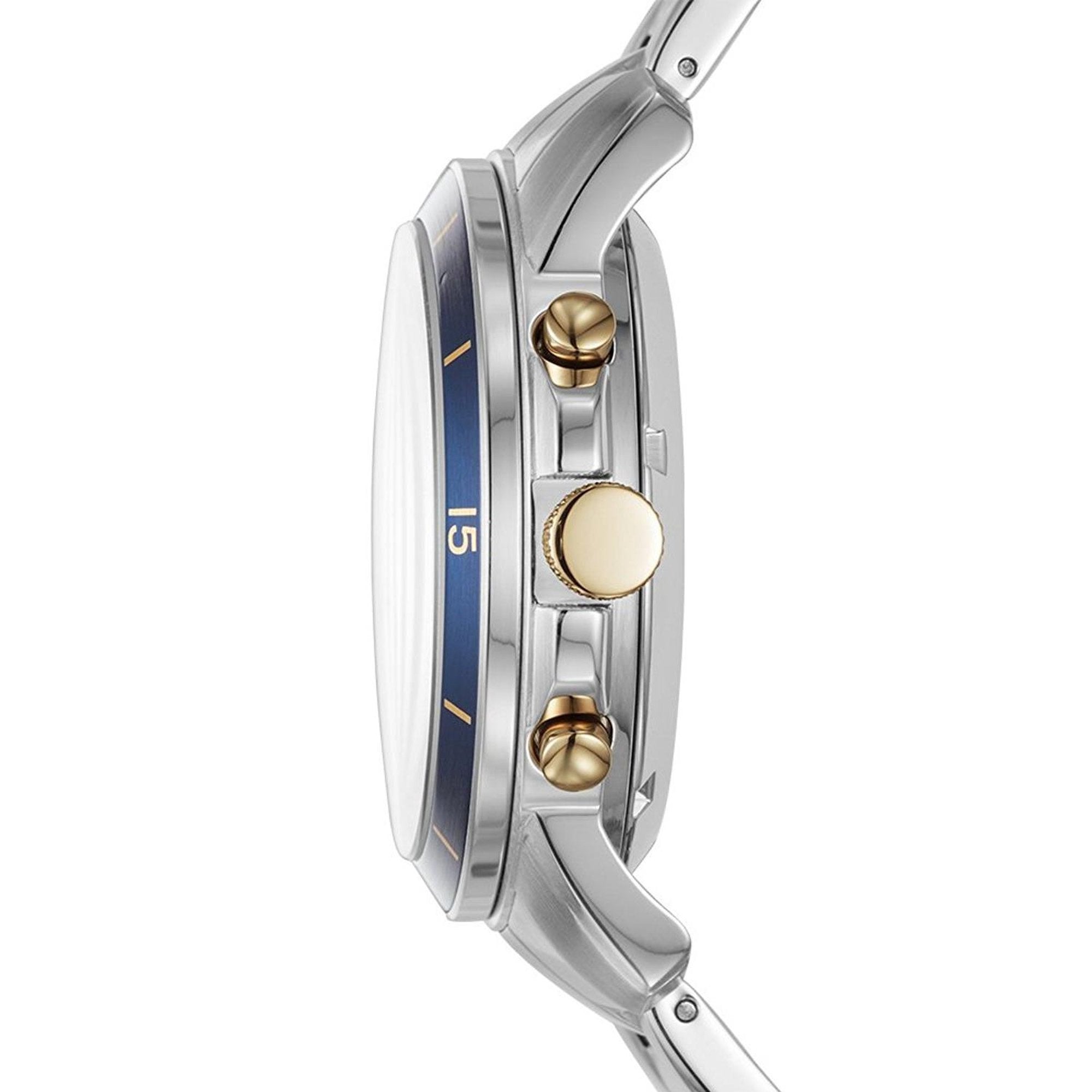 Fossil Grant watch side profile showing pushers, crown, and two-tone stainless steel case