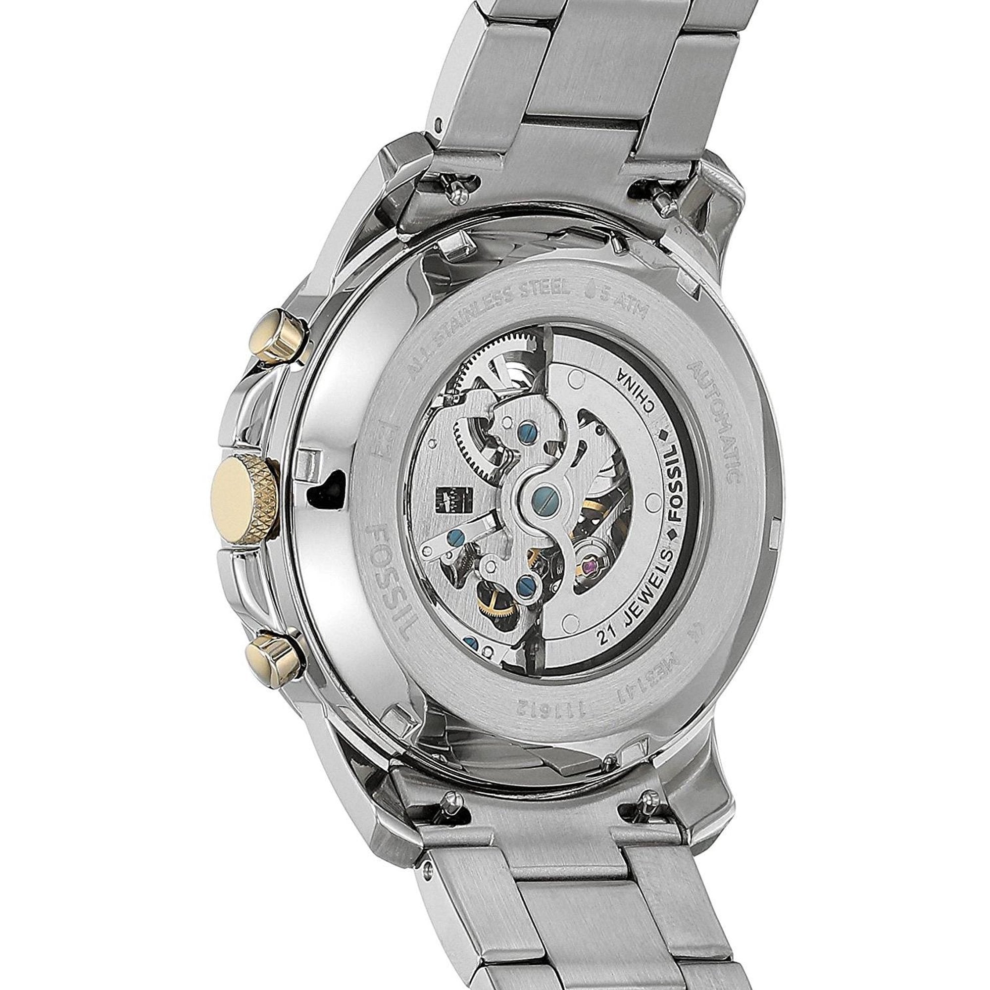 Fossil Grant watch caseback showing automatic skeleton movement and sapphire crystal