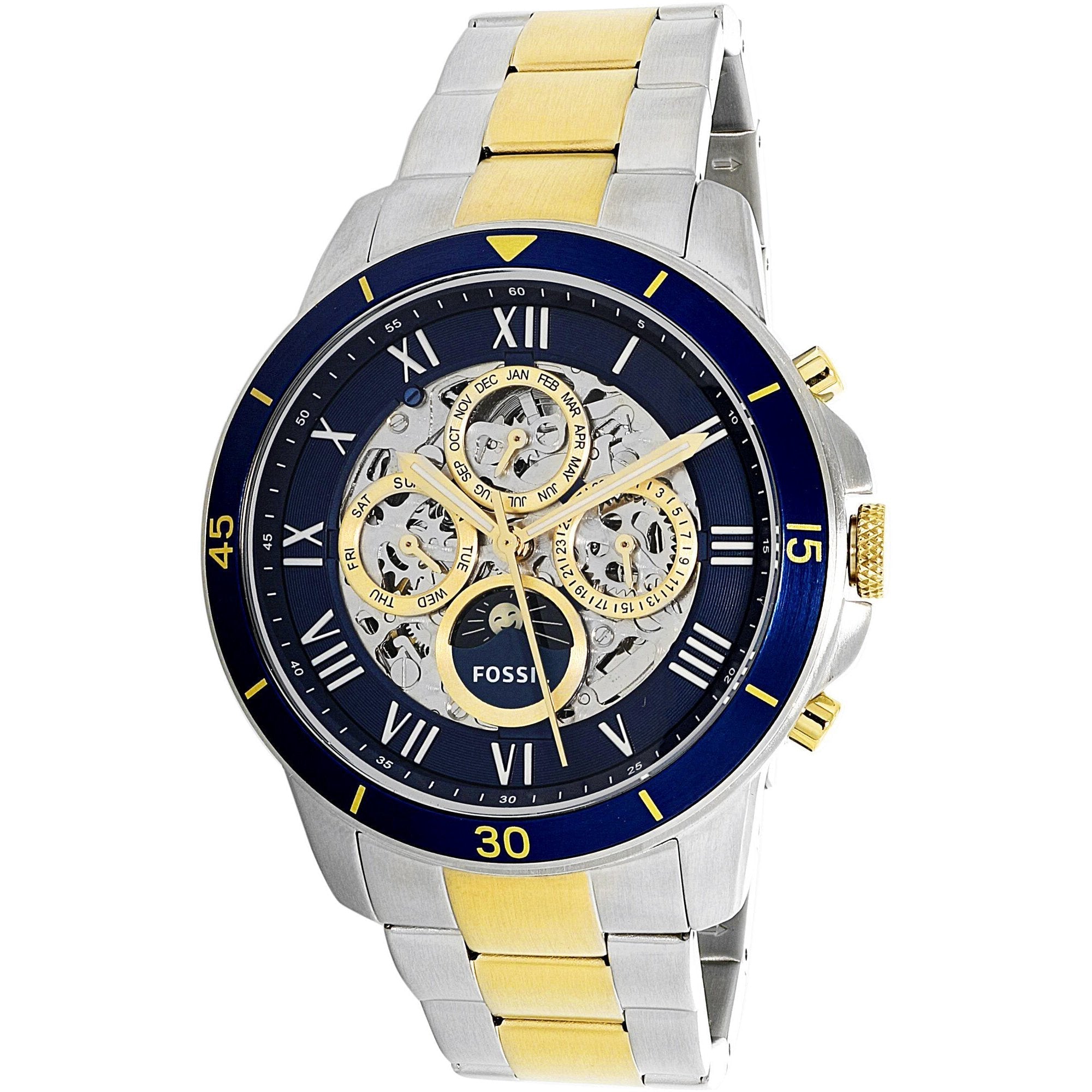 Fossil Grant silver and gold-tone stainless steel watch with blue dial and skeleton movement