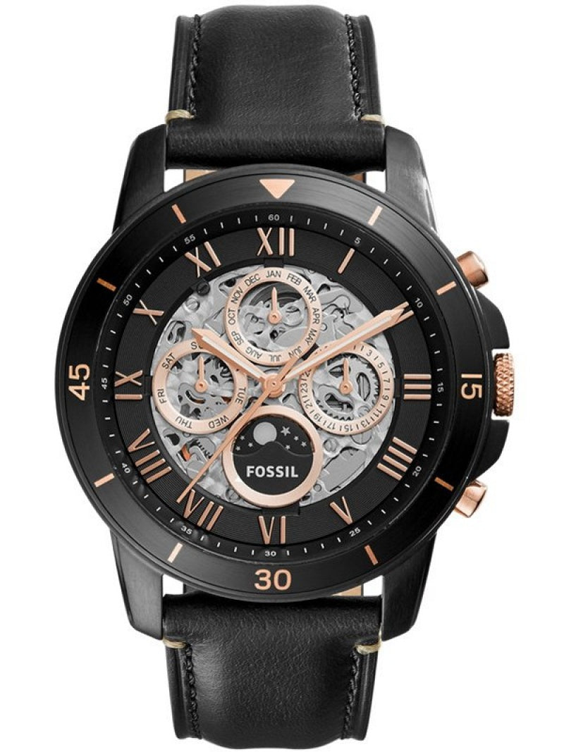 Fossil Grant skeleton dial automatic watch with black case, Roman numeral markers, and black leather strap
