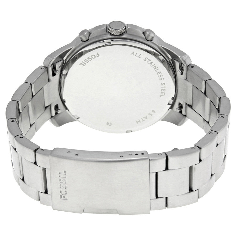 Fossil Grant Sport watch caseback showing stainless steel with engraved text and bracelet