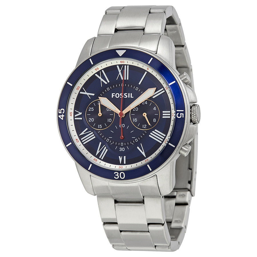 Fossil Grant Sport Chronograph men's watch with blue dial, Roman numerals, and stainless steel bracelet