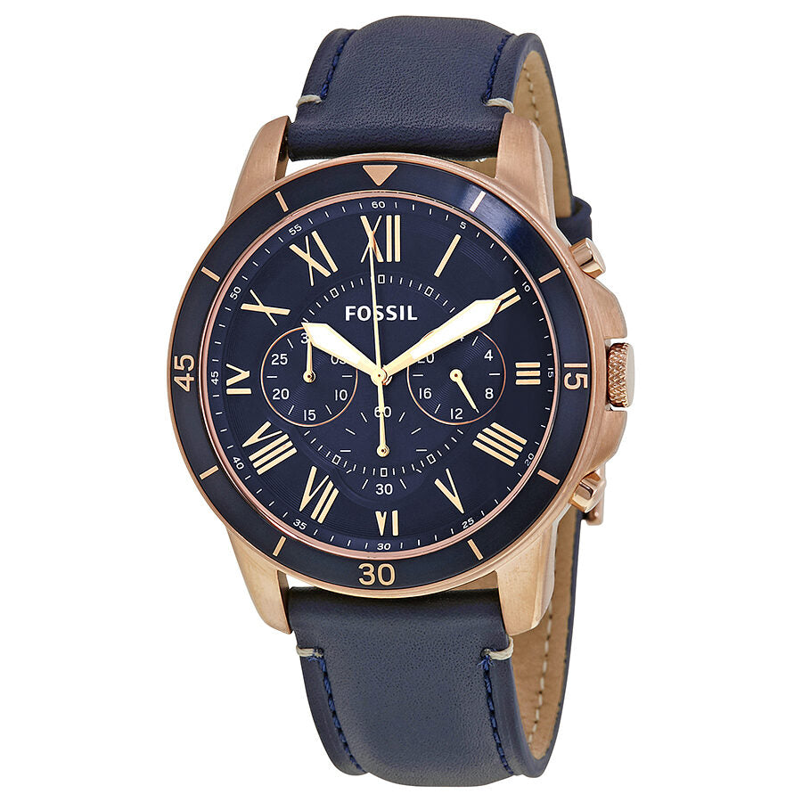 Fossil Grant Sport chronograph watch with blue dial, rose gold case, and navy leather strap