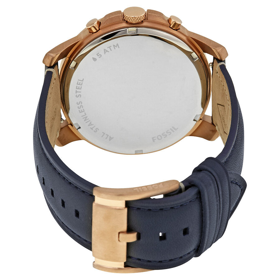 Fossil Grant Sport watch caseback showing stainless steel and water resistance specifications
