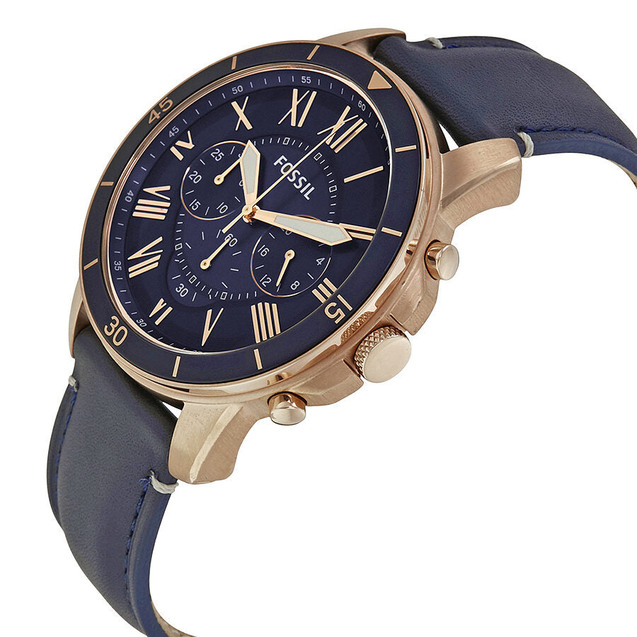 Fossil Grant Sport chronograph watch angled view showing rose gold case and navy leather strap