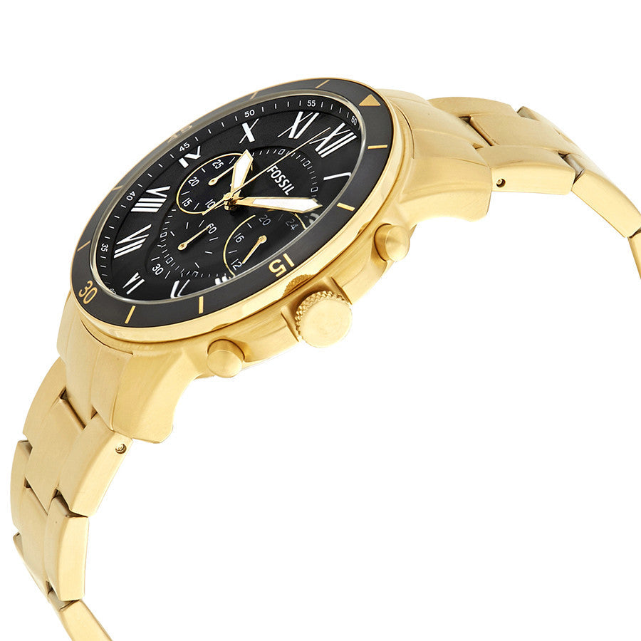 Fossil Grant Sport watch side angle view showing gold-tone stainless steel case and bracelet