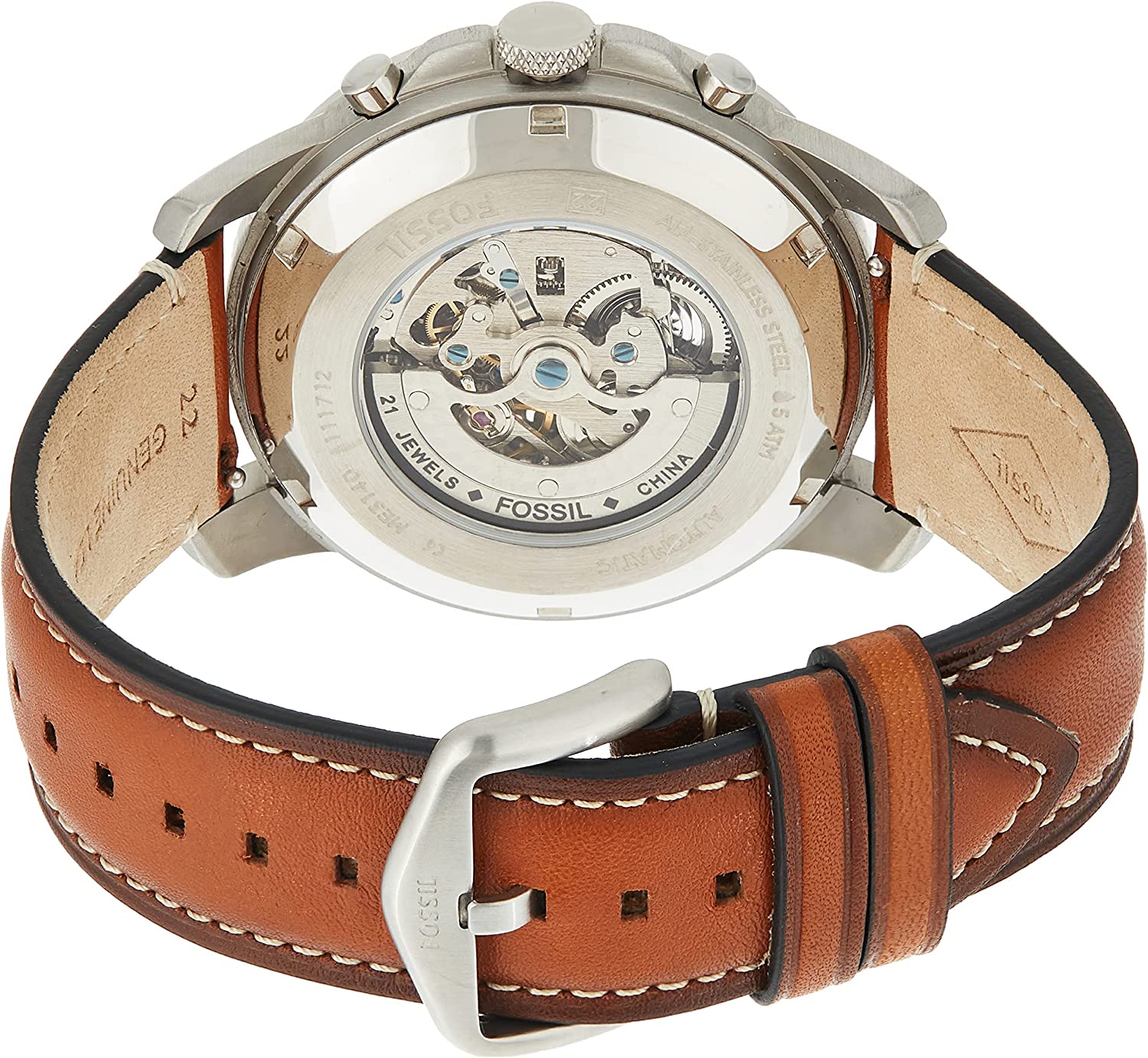 Fossil Grant Sport watch angle view showing skeleton dial, case, and tan leather strap