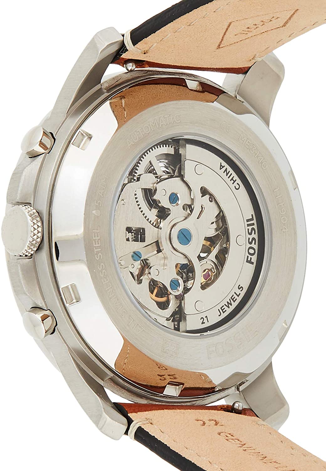 Fossil Grant Sport watch caseback showing exposed skeleton movement and Fossil branding