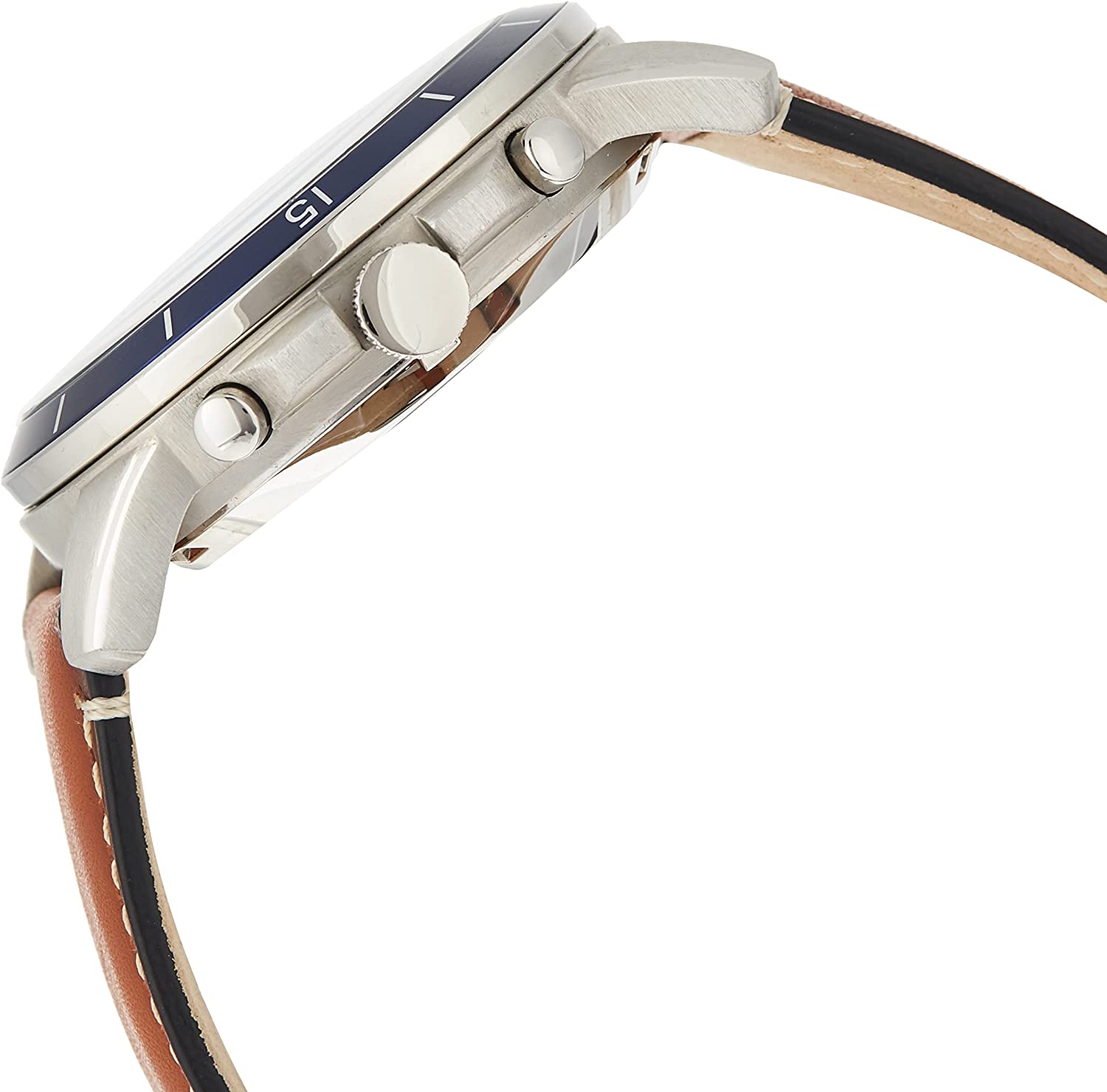 Fossil Grant Sport watch side profile showing stainless steel case and leather strap
