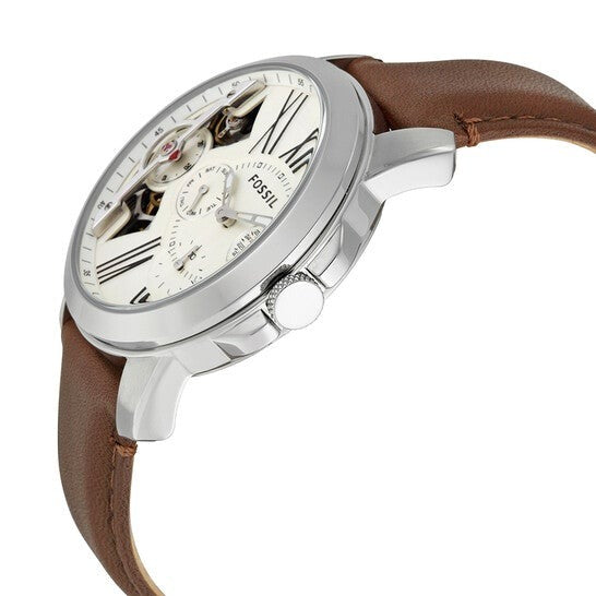 Fossil Grant Twist watch side view showing multi-function subdials and brown leather strap