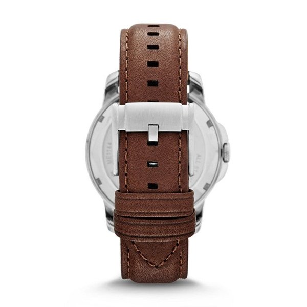 Fossil Grant Twist watch caseback with brown leather strap and adjustable clasp