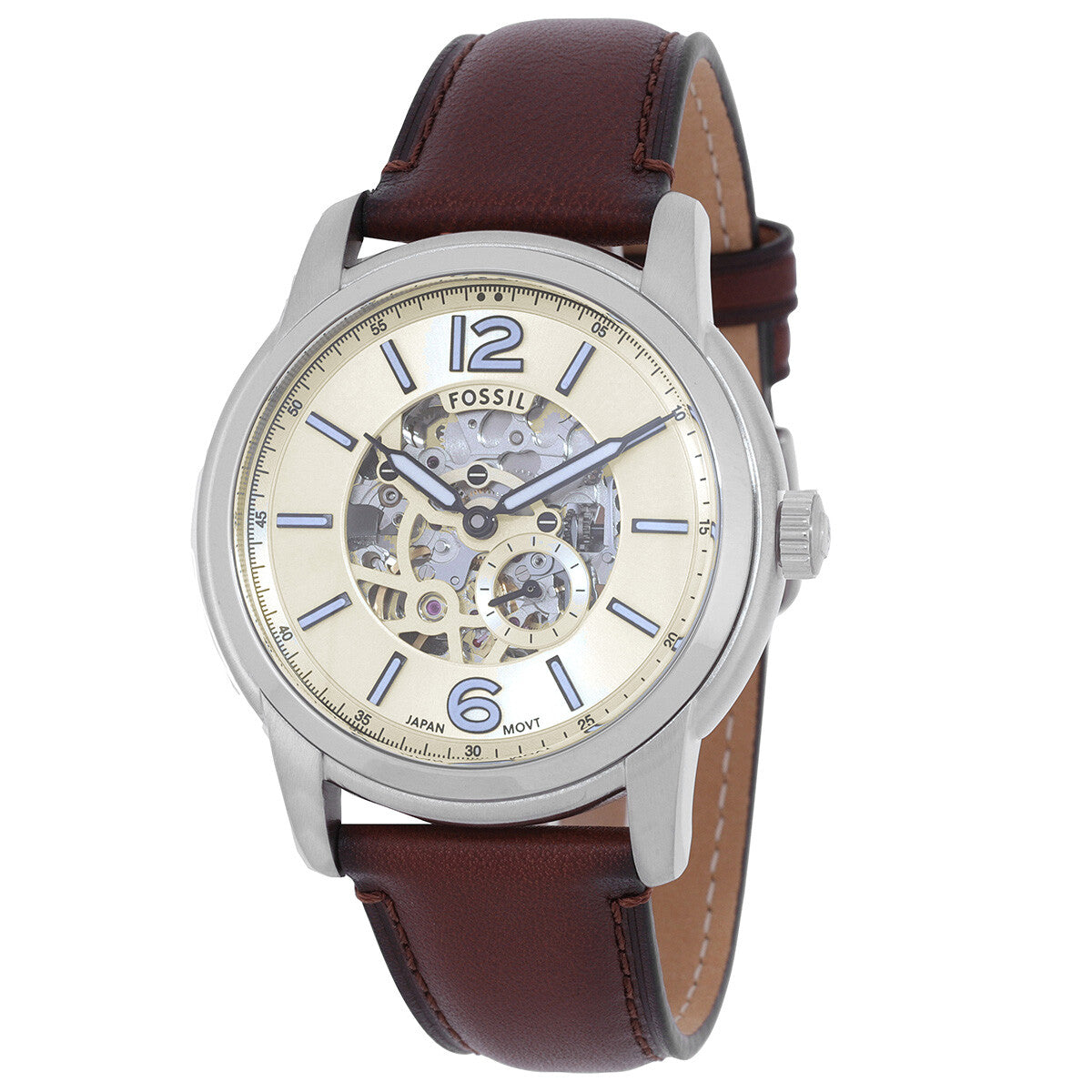 Fossil Heritage Automatic men's watch showing cream dial with blue indices and visible mechanism