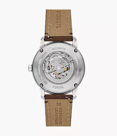 Fossil Heritage Automatic caseback with visible automatic movement and engraved text