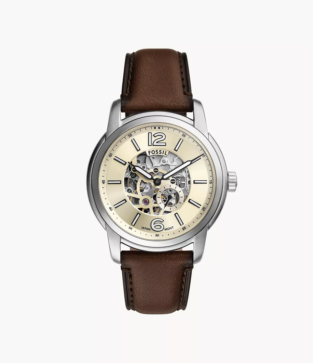 Fossil Heritage Automatic watch with cream skeleton dial and brown leather strap