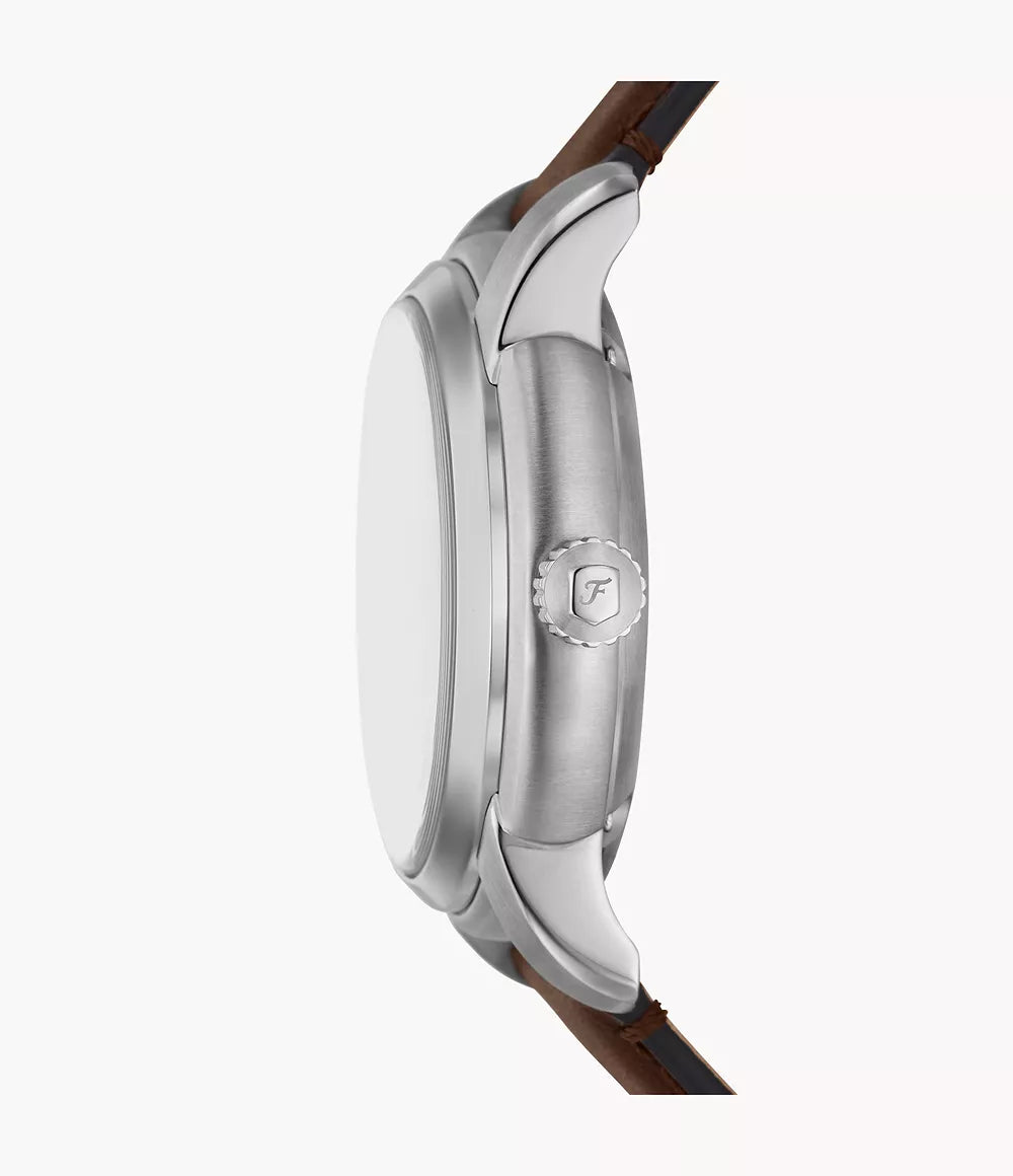 Side profile of Fossil Heritage Automatic showing case depth and brown leather strap