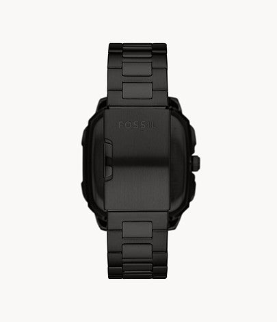 Back of Fossil Inscription Automatic watch displaying stainless steel case back and bracelet