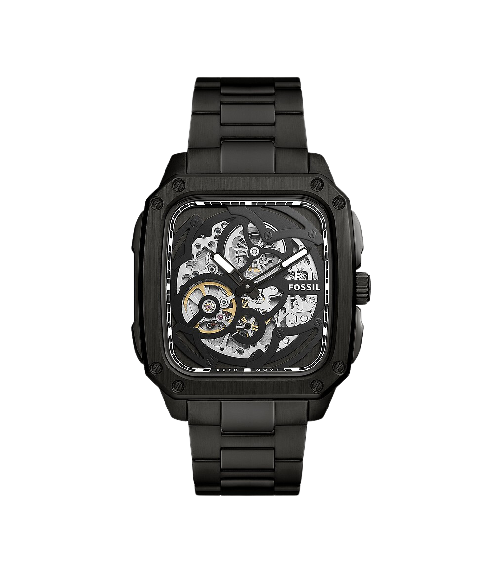 Fossil Inscription Automatic skeleton dial black stainless steel men's watch with square case