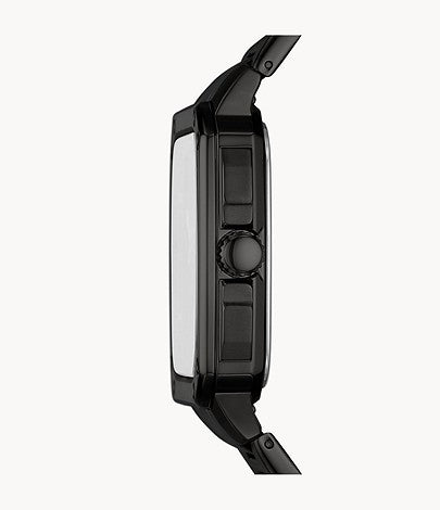 Side profile of Fossil Inscription Automatic black stainless steel watch showing case thickness