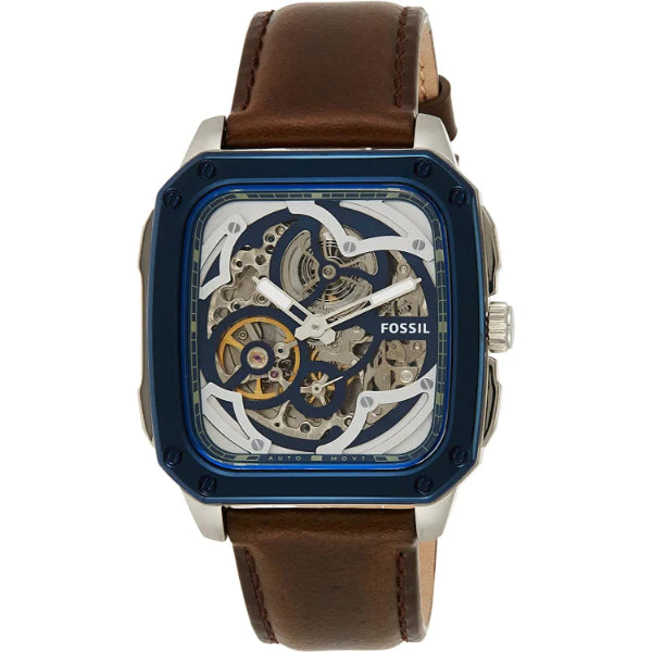 Fossil Inscription blue dial skeleton watch from three-quarter view showing exposed movement