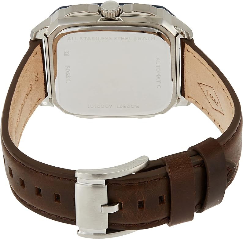 Fossil Inscription watch caseback view with engraved text and brown leather strap detail