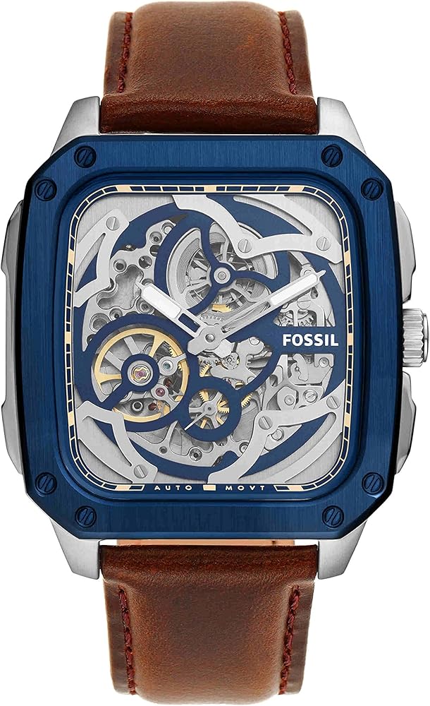 Fossil Inscription automatic skeleton watch with blue dial, stainless steel case, and brown leather strap