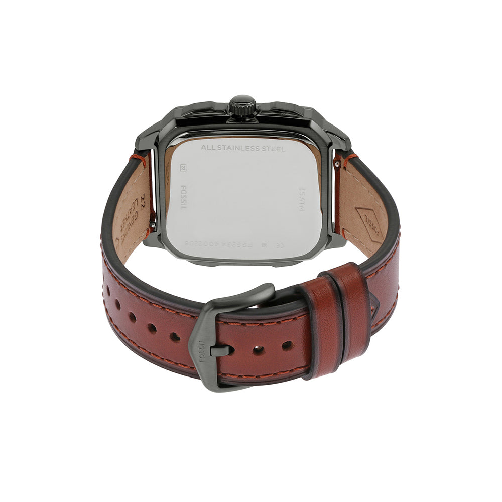 Fossil Inscription FS5934 back view showing all stainless steel caseback and amber leather strap
