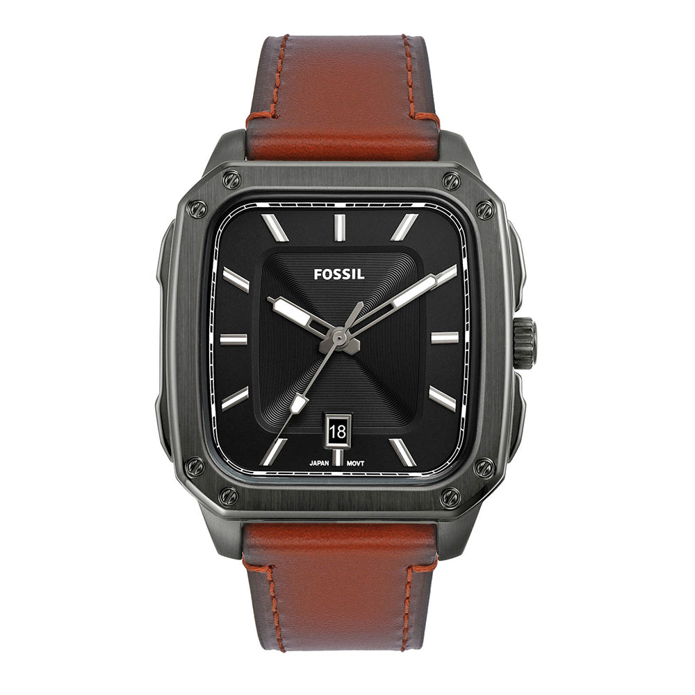 Fossil Inscription FS5934 square gunmetal watch with black dial and amber eco leather strap