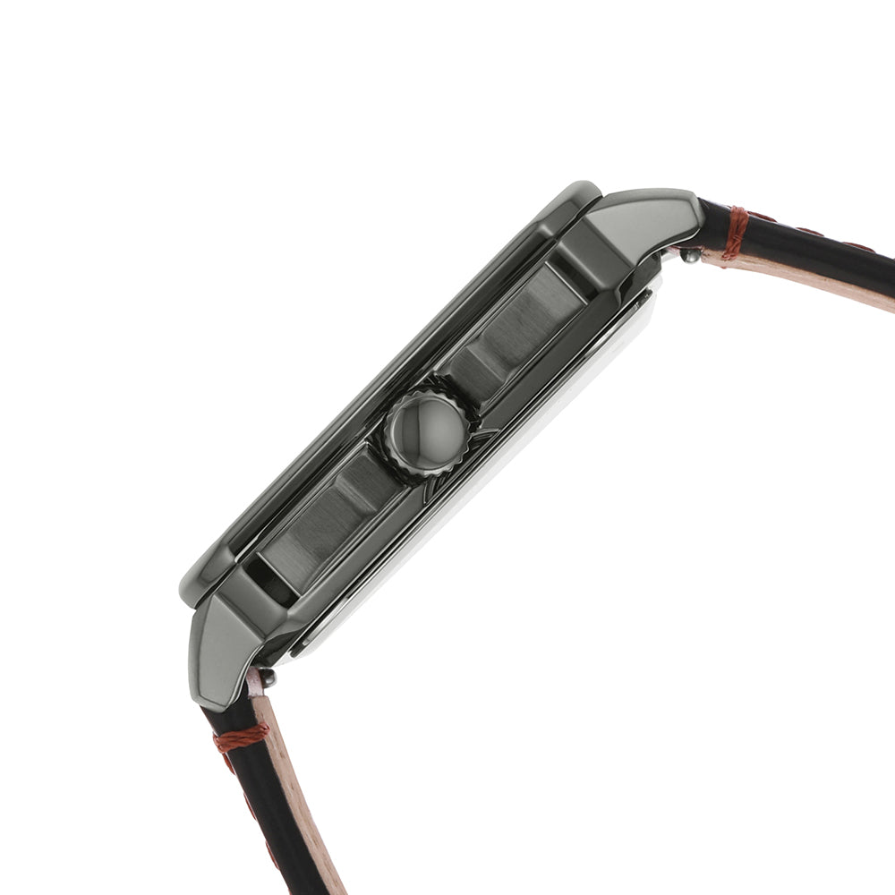 Fossil Inscription FS5934 side view showing gunmetal case profile and amber leather strap