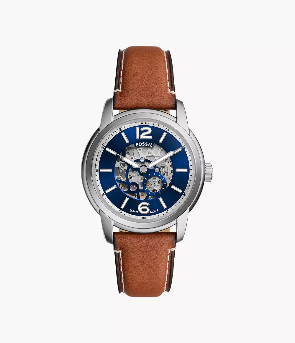 Fossil Inscription automatic watch with blue dial, silver case and brown leather strap