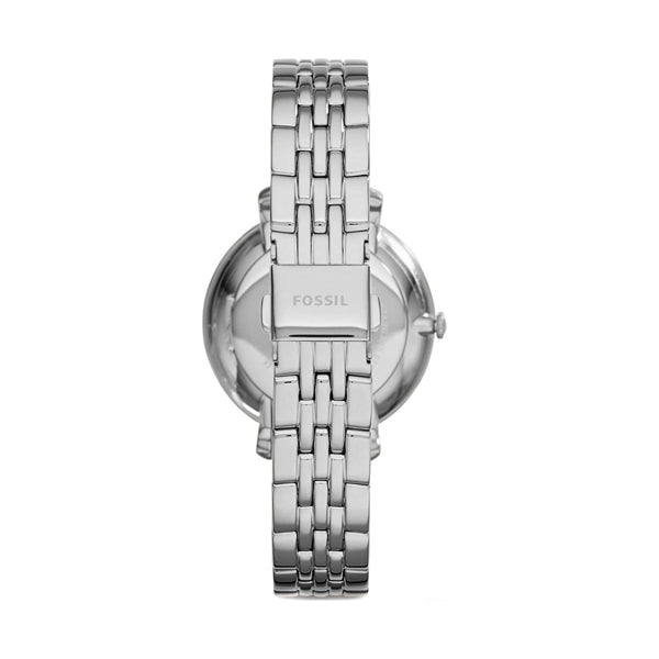 Back view of Fossil Jacqueline silver watch showing case back and three-link silver bracelet