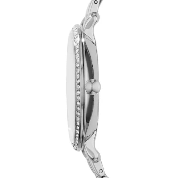 Side profile of Fossil Jacqueline watch showing case depth and crystal-adorned bezel detail