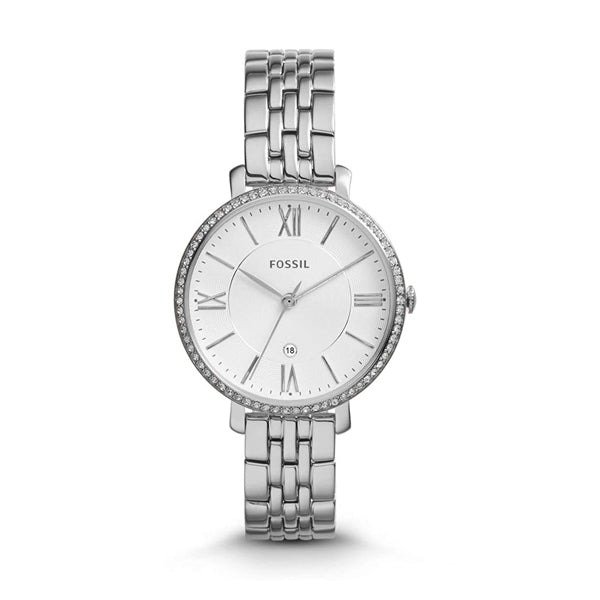 Fossil Jacqueline silver women's watch with 36mm case, white dial, Roman numerals, and crystal bezel