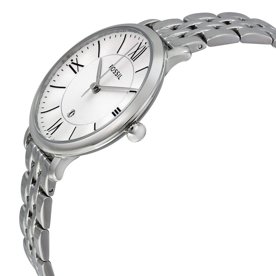 Fossil Jacqueline watch displayed at angle showing case profile and stainless steel bracelet
