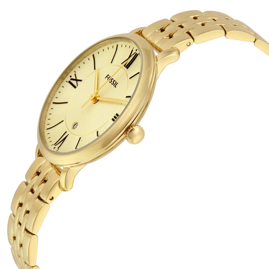 Fossil Jacqueline ladies watch angled view showing champagne dial and gold-tone bracelet