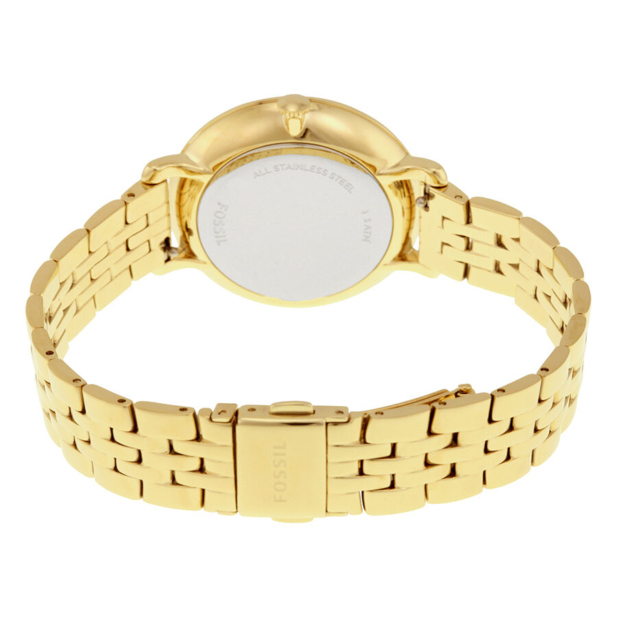 Fossil Jacqueline watch caseback with gold-tone bracelet visible
