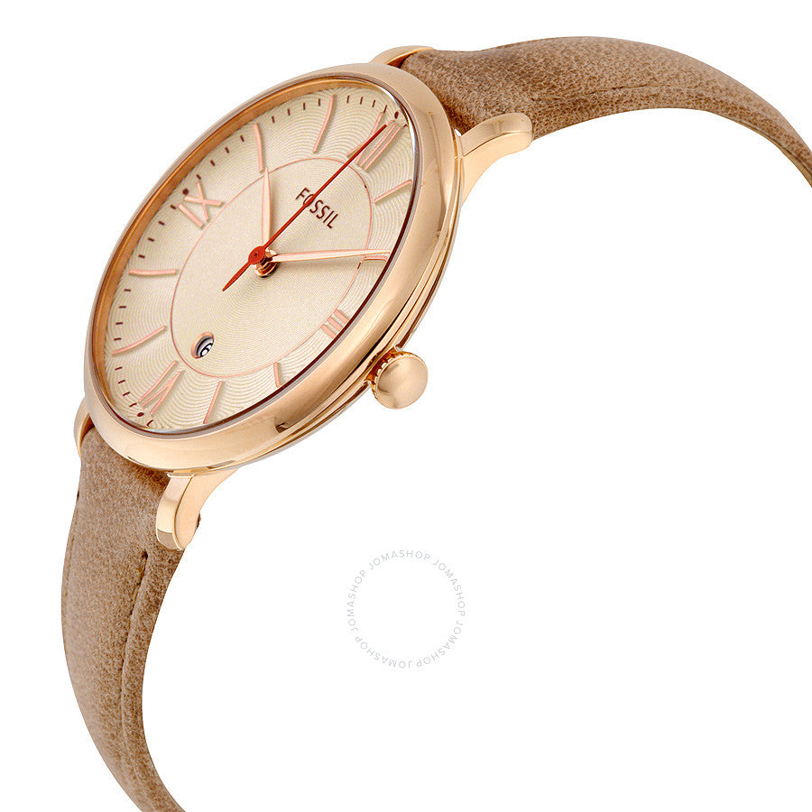 Fossil Jacqueline watch angled view showing dial and camel leather strap
