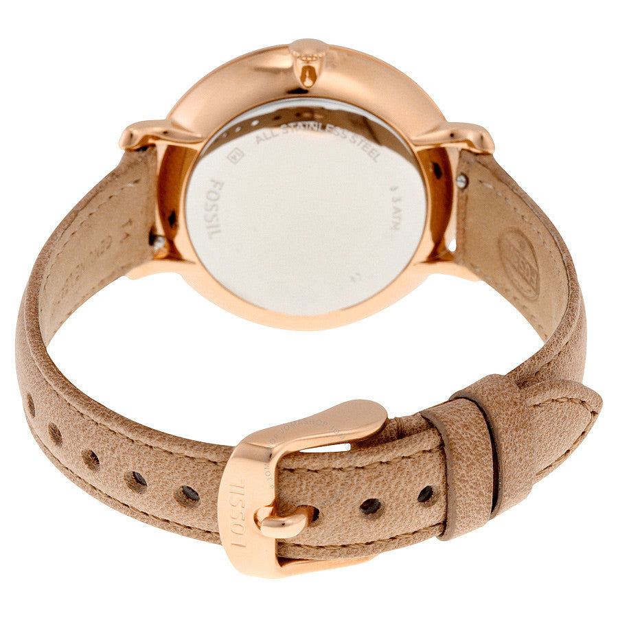 Fossil Jacqueline watch caseback view with camel leather strap and rose gold buckle