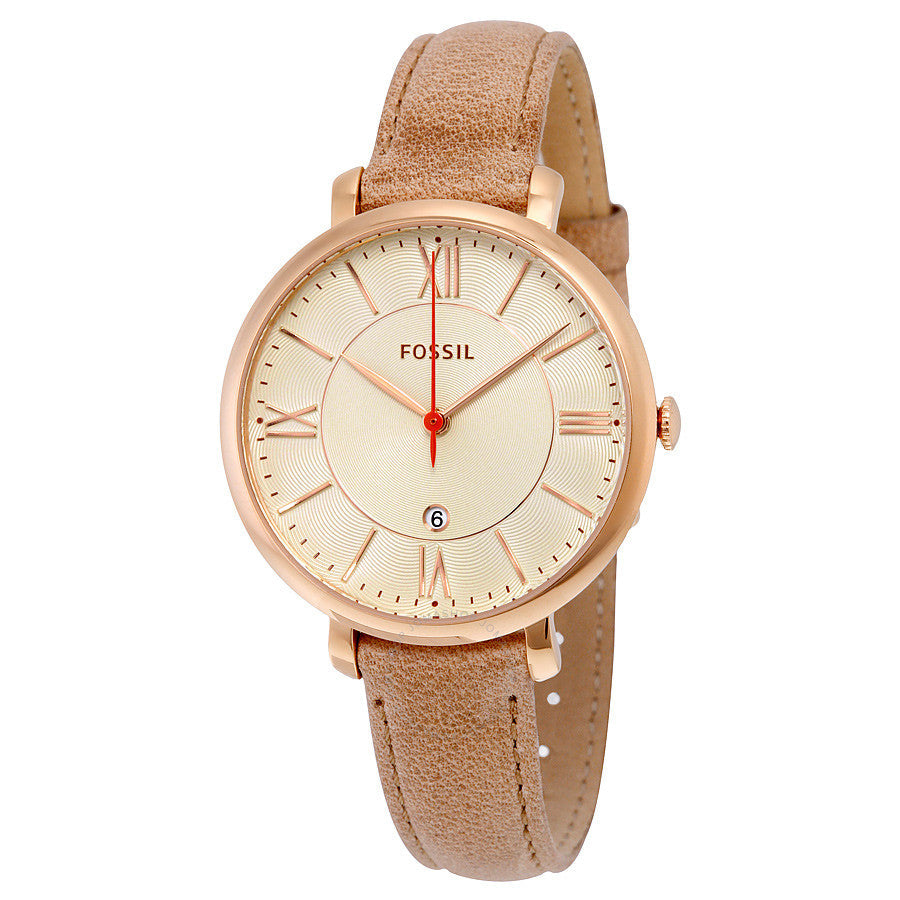 Fossil Jacqueline watch with white dial, rose gold case, camel leather strap, and Roman numerals