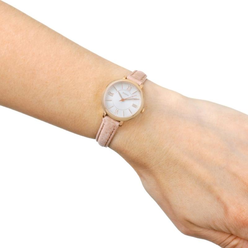 Fossil Jacqueline watch worn on wrist with camel leather strap