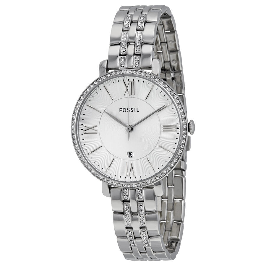 Fossil Jacqueline ladies watch with silver dial, crystal bezel, Roman numerals, and stainless steel bracelet
