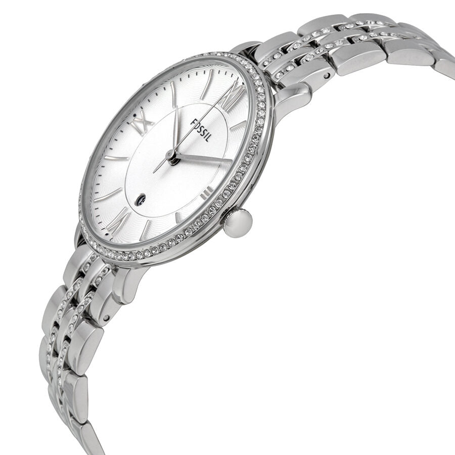 Fossil Jacqueline watch shown at angle with silver stainless steel case and three-link bracelet
