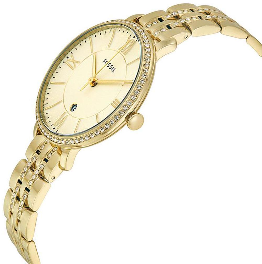Fossil Jacqueline watch angled view showing gold-tone bracelet with crystal accents