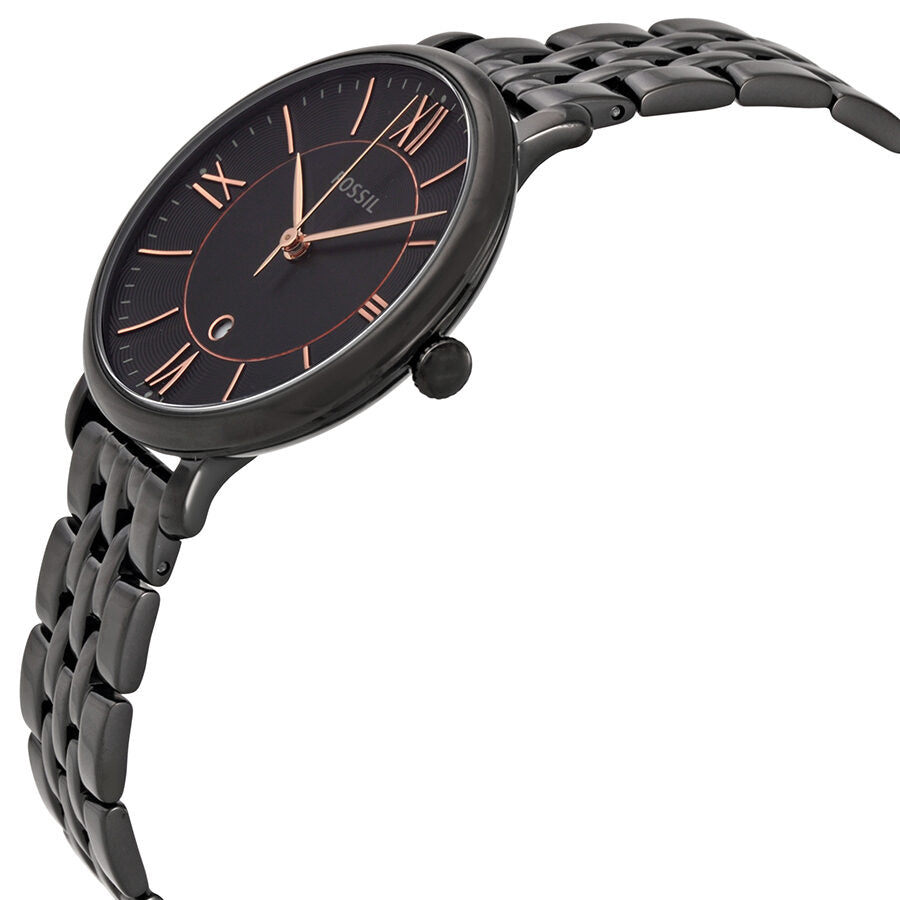 Fossil Jacqueline watch angled view showing black dial and black ion-plated metal bracelet