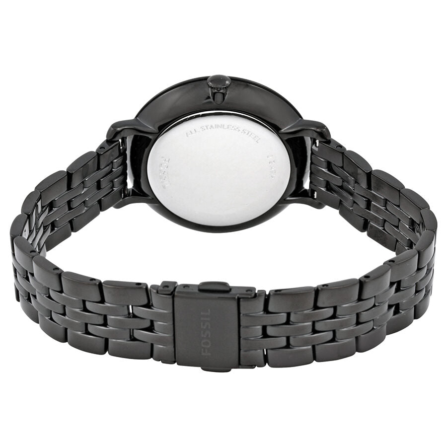 Fossil Jacqueline watch caseback showing black ion-plated stainless steel and bracelet detail