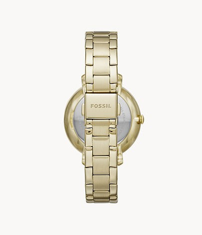 Caseback view of Fossil Jacqueline gold watch with Fossil branding on bracelet