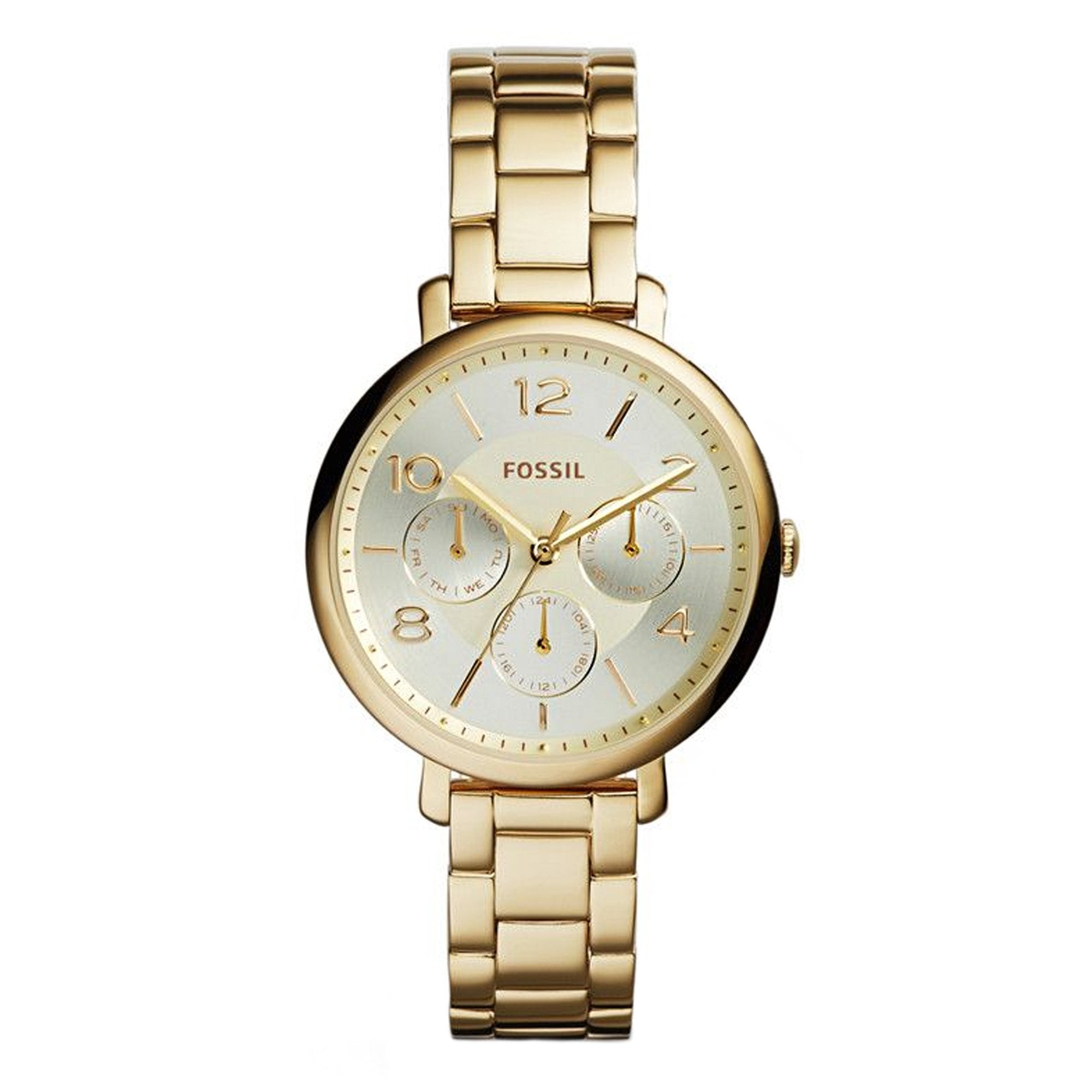 Fossil Jacqueline gold stainless steel women's watch with champagne dial and chronograph subdials