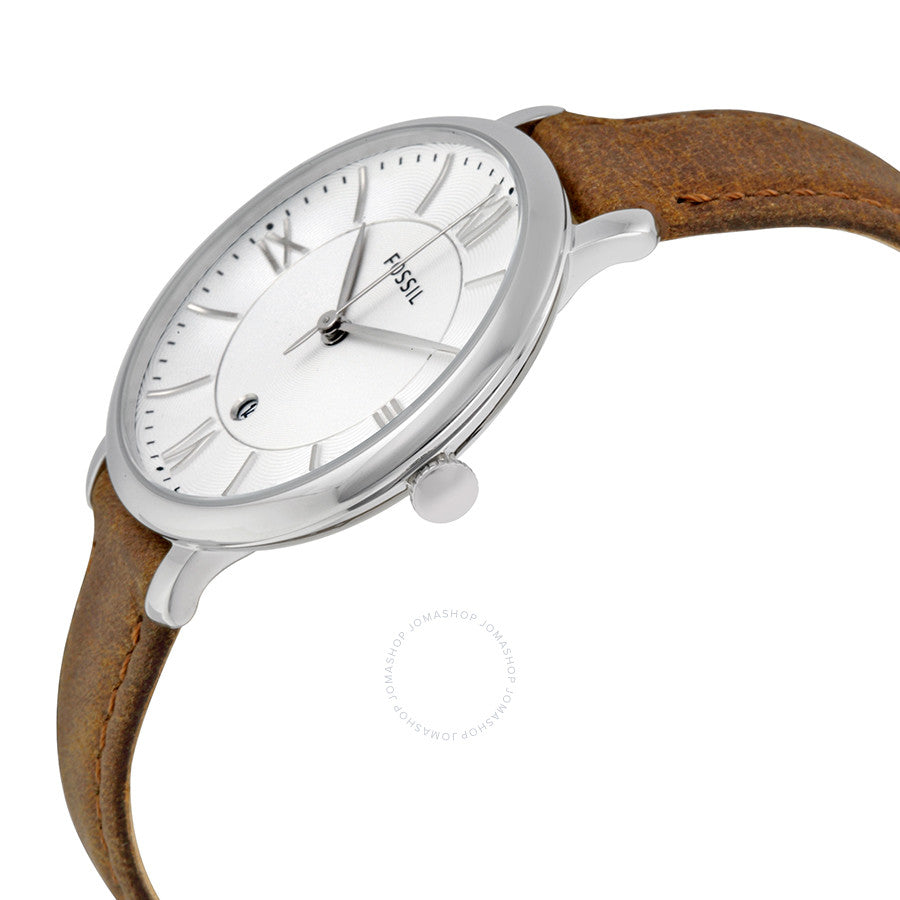 Fossil Jacqueline watch angled view showing silver case profile and tan leather strap
