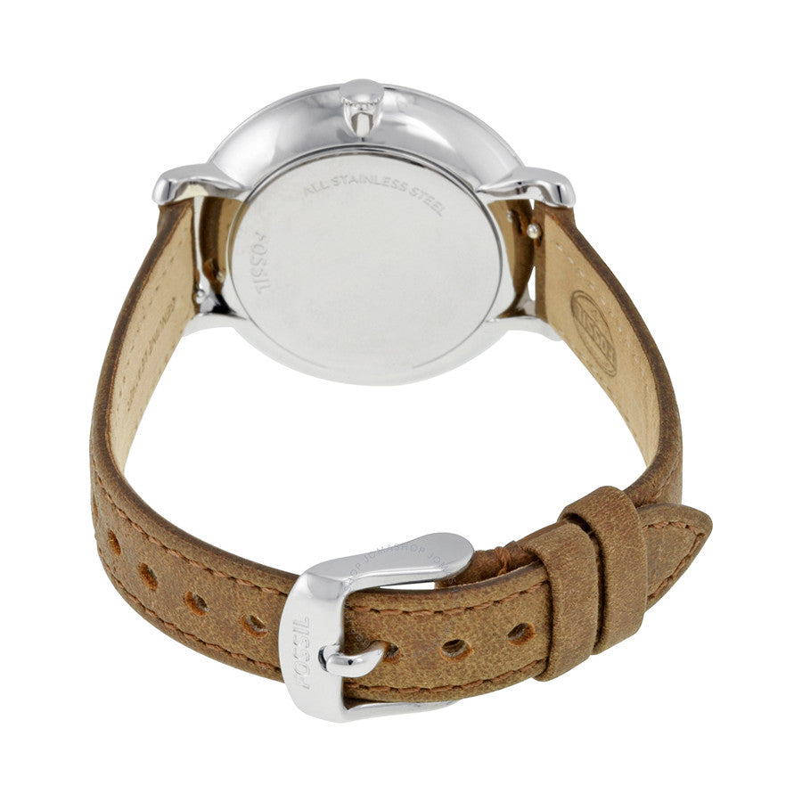 Fossil Jacqueline watch caseback showing silver case and tan leather strap with buckle